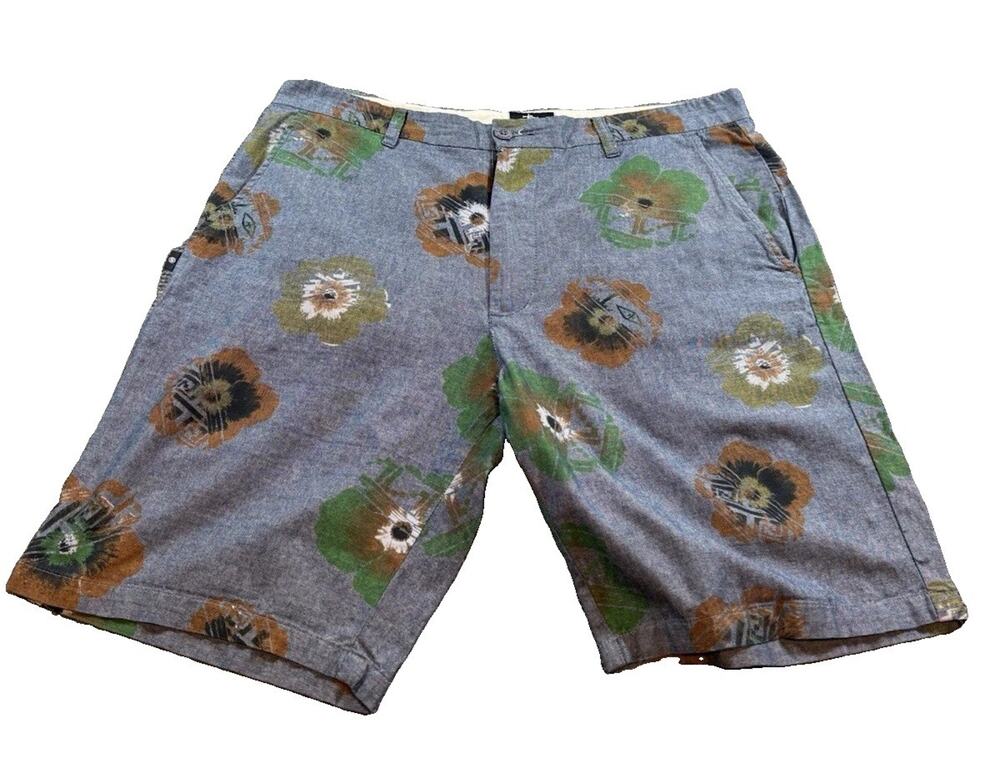 Stussy Men’s Sz 34 Floral Print Chambray Shorts Blue Green Brown Streetwear READ